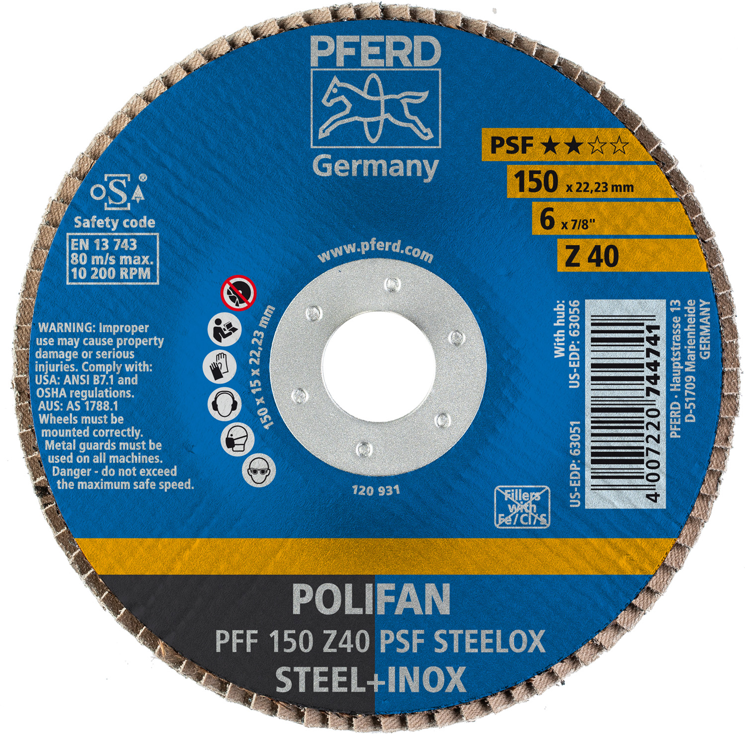 6" x 7/8" A.H. POLIFAN® Flap Disc, Z PSF STEELOX, Zirconia, 40 Grit, Flat